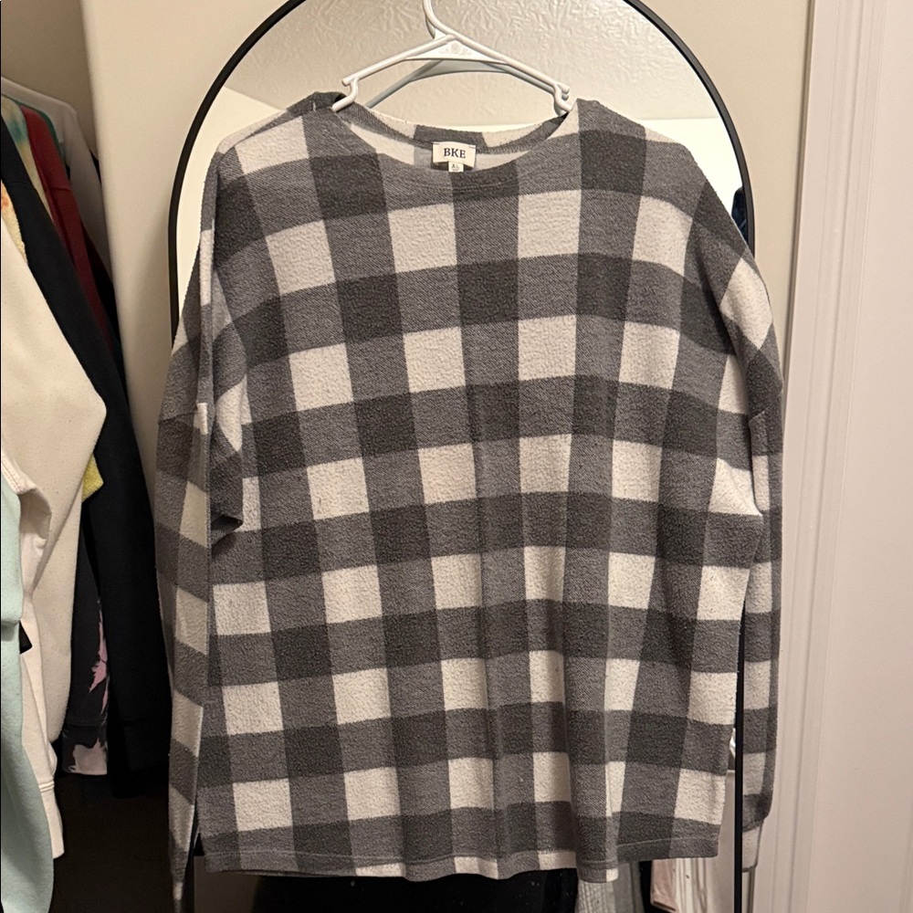BKE Black and White Checkered Crew Neck Sweater